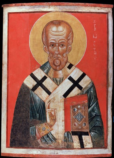 Saint Nicolas (または Saint Nicolas de Myre または Saint Nicolas de Bari, 270-345) (Saint Nicholas). ロシアのイコン、木に描かれたテンペラ、13 世紀後半から 14 世紀初頭、ノヴゴロド (ロシア) の芸術品。 国立エルミタージュ、サンクトペテルブルク。 作： School Russian
