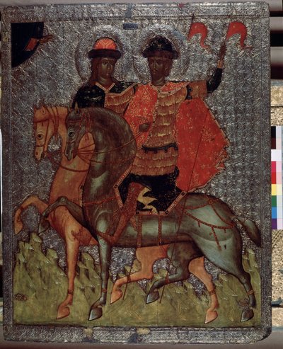 馬に乗った聖ボリス (またはローマン) とグレブ (またはダビデ) (1015 年の殉教者) (馬に乗った聖ボリスとグレブ)。 キエフの大公である聖ウラジーミルの次男である彼らは、常に信心深さで際立っていたが、父である長男のスヴィアの死後、 作： School Russian