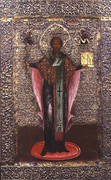 モズハイスクの聖ニコラス、イコン、1700年頃（パネルにテンペラ、真鍮のオクラド付き） 作： School Russian