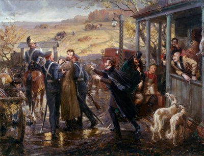 ロシアの詩人アレクサンドル・プーシキン（プーシキン）（1799-1837）は、1827年にザバーゼ鉄道駅に出発したディセンブル派の友人クケルバッカーと会っている。 ロシア派の絵画。19世紀 サンクトペテルブルク エルミタージュ美術館 作： School Russian