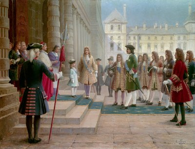 1717年にヴェルサイユでルイ15世の子供を迎えた皇帝ピエール・ル・グラン（1672-1725） - ゴルスキーの絵画（19世紀 作： School Russian