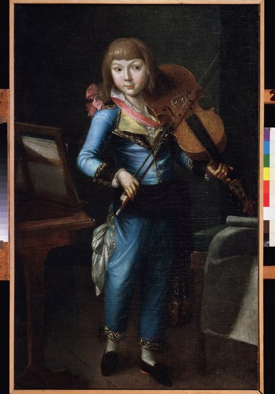 青いスーツを着た若いバイオリニスト。 1790 年頃のキャンバスに油彩で描かれたロシアの巨匠の絵画。18 世紀のロシアの芸術。 ミュージアム パレス シアター オスタンキノ、モスクワ。 作： School Russian