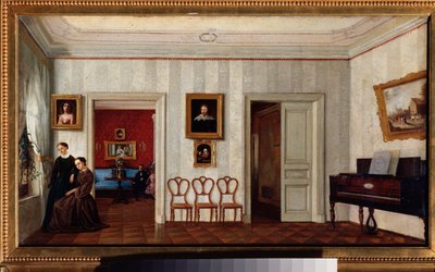 ピアノのある小さな部屋。 （そして窓の外を見ている二人の女性）。 ロシアの巨匠による絵画、キャンバスに油彩、19 世紀半ば。 国立トレチャコフ美術館、モスクワ。 作： School Russian