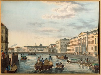 サンクトペテルブルクのフォンタンカ川の眺め。 匿名の作品、リトグラフ、水彩で彩色、1820 年頃。ロシア美術 作： School Russian