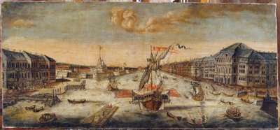 ネヴァ (サンクトペテルブルク) のほとりの眺め。 匿名の絵画、キャンバスに油彩 作： School Russian