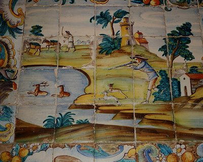 鹿を撃つ猟師を描いたアズレージョのタイル（陶器） 作： School Spanish