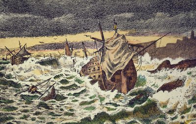 1588 年にフェリペ 2 世がイングランドに対して派遣した無敵のスペイン無敵艦隊の嵐による破壊 (手描きの彫刻) 作： School Spanish