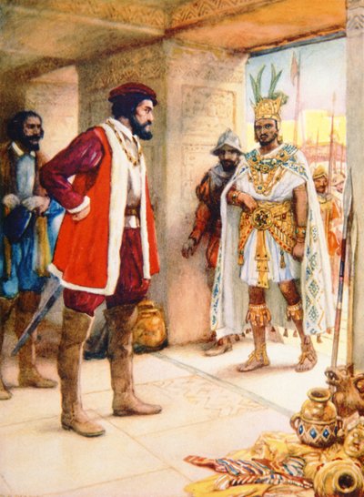 1519年、エルナン・コルテスがモンテスマを人質にする（カラーリトグラフ 作： School Spanish