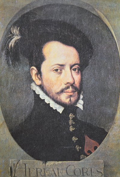エルナン・コルテスの肖像（カラーリトグラフ 作： School Spanish