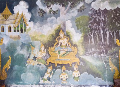 仏陀の生涯の一場面を描いたフレスコ画（ワット・プラタート・ドイ・ステープ寺院 作： School Thai