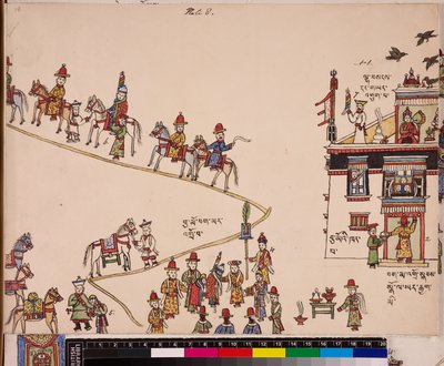 結婚式の一部を描いた絵：花嫁を家まで迎えに行く、1844-62年頃（紙に顔料） 作： School Tibetan
