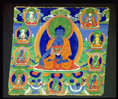 薬師如来（メンラ）チベットの仏陀を描いたタンカの絵 作： School Tibetan