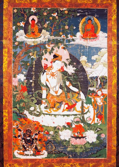 座っている観音菩薩、タンカまたはタンカ（仏教の旗）、チベット文明 作： School Tibetan