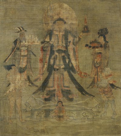 チベットの文化：北の守護者、毘沙門天。シルクにインク、サイズ：62,5x53 作： School Tibetan