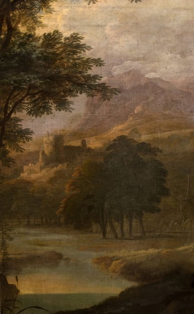 遠くに城のある風景、1725年。 作： School of Jacques Rousseau