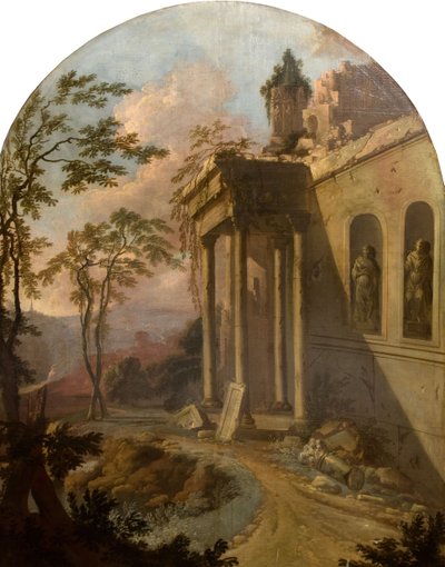 廃墟のある風景、1725年。 作： School of Jacques Rousseau