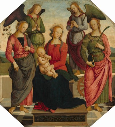 アレクサンドリアのセントローズと聖キャサリンの2人の天使とのマドンナと子供 作： School of Perugino