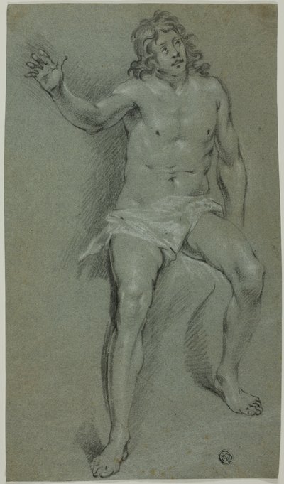 座った男性ヌード（レクト）；手と少年の頭のスケッチ（裏面） 作： School of Rembrandt van Rijn