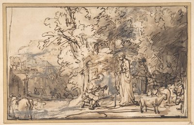 井戸でのジェイコブとレイチェルの出会い、1640-49。 作： School of Rembrandt van Rijn