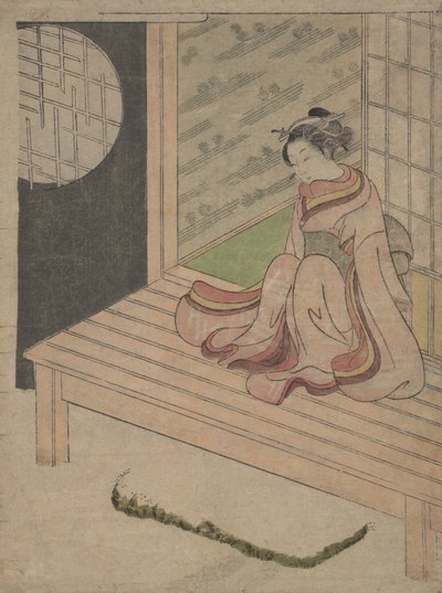 家の縁側に座る若い女性 1765年頃。 1765年。 作： School of Suzuki Harunobu