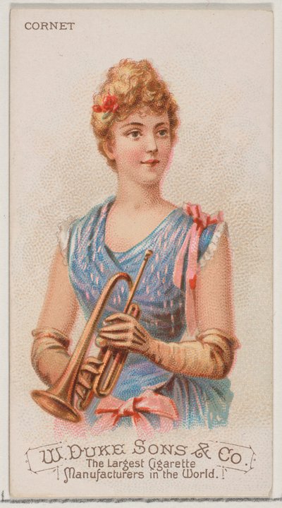 デューク ブランドのシガレット用の楽器シリーズ N82 のコルネット、1888 年、1888 年。 作： Schumacher and Ettlinger