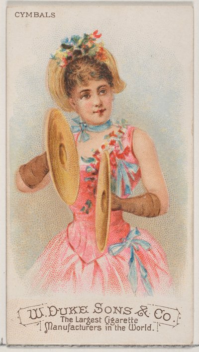 デューク ブランドのシガレット用の楽器シリーズ N82 のシンバル、1888 年、1888 年。 作： Schumacher and Ettlinger