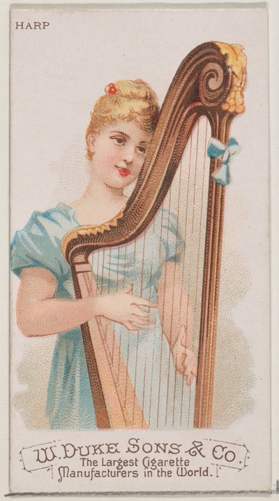 デューク ブランドのシガレット用の楽器シリーズ N82 のハープ、1888 年、1888 年。 作： Schumacher and Ettlinger