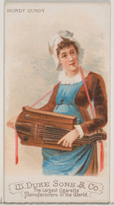 デューク ブランドのタバコ用の楽器シリーズ N82 のハーディ ガーディ、1888 年、1888 年。 作： Schumacher and Ettlinger