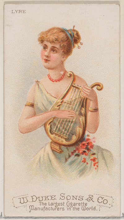 デューク ブランドのシガレット用の楽器シリーズ N82 の竪琴、1888 年、1888 年。 作： Schumacher and Ettlinger
