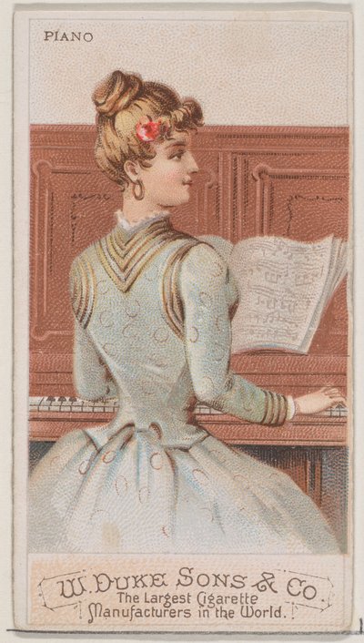 デューク ブランドのタバコ用の楽器シリーズ N82 のピアノ、1888 年、1888 年。 作： Schumacher and Ettlinger