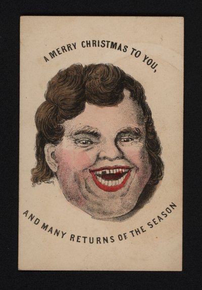 笑う男の顔、クリスマス・グリーティングカード、19世紀後半（彩色済み彫刻 作： Scottish School