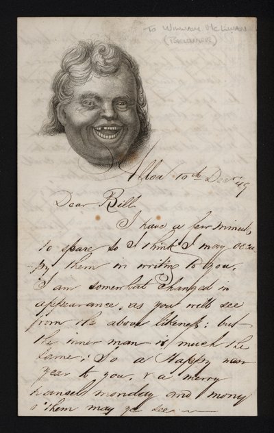 笑う男の顔が描かれた紙に書かれた手紙（彫刻 作： Scottish School