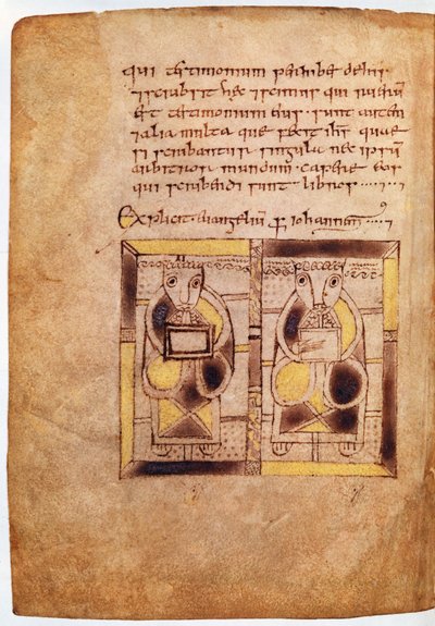 Ms 11.6.32。鹿の書からの聖ヨハネゴスペルの聖職者の2人の人物 作： Scottish School