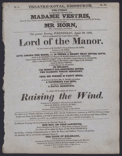 1823年8月20日、エディンバラ王立劇場の劇場プログラム（リトグラフ版 作： Scottish School
