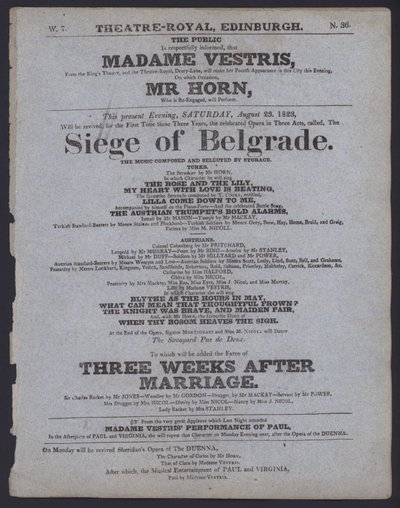 1823年8月23日、エディンバラの王立劇場の劇場プログラム（リトグラフ版 作： Scottish School