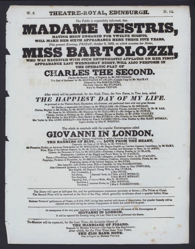 1829年10月9日、エディンバラのシアター・ロイヤルの劇場プログラム（リトグラフ版 作： Scottish School