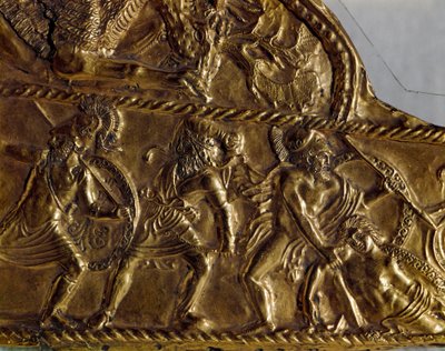 アート・スキタイ（スキタイ人またはスキタイ文明）：ギリシア人の蛮族との戦いを表現した金色の鱗片のコーティング、紀元前6世紀。サンクトペテルブルク、エルミタージュ美術館 作： Scythian Scythian