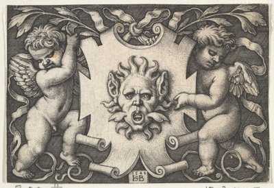 2 つの精霊に支えられたエスカッションの仮面、1544 年。 作： Sebald Beham