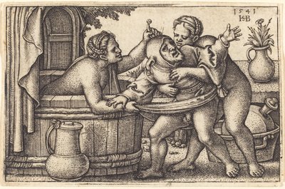 ピエロと入浴する 2 人の女性 作： Sebald Beham