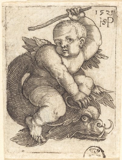 イルカに乗って右向きに走る天才 作： Sebald Beham