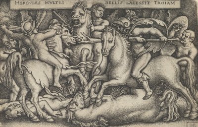 トロイの木馬と戦うヘラクレス、ヘラクレスの労働、1545年から。 作： Sebald Beham