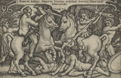 『ヘラクレスの労働』より、イオーレを誘拐するヘラクレス、1544年。 作： Sebald Beham