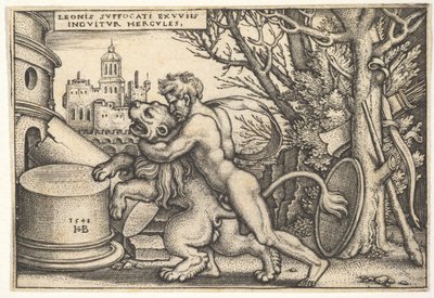 ネメアのライオンの首に腕を回して殺すヘラクレスの横顔、「The labo...」、1548年より。 作： Sebald Beham