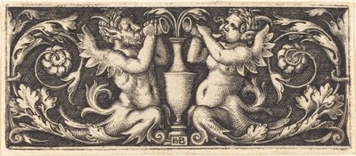 ホーンを吹く 2 つのトリトンの飾り 作： Sebald Beham