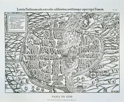 1530年頃のパリの都市計画図（木版画 作： Sebastian (after) Münster