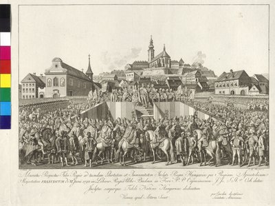 1792年6月6日、ブダペストにおける皇帝フランツ2世のハンガリー王への戴冠式（銅版画） 作： Sebastian Mansfeld