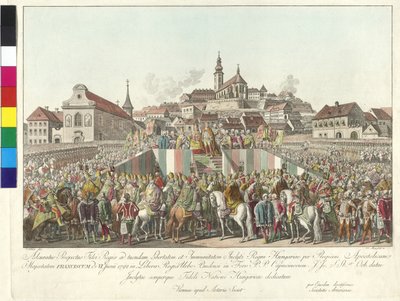 1792年6月6日、ブダペストにおける皇帝フランツ2世のハンガリー王への戴冠式（銅版画） 作： Sebastian Mansfeld