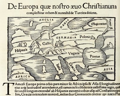 De Europa, quae nostro aeuo Christianum」クリスチャン・ヨーロッパの地図、1550年版セバスチャン・ミュンスター著「コスモグラフィア」より（木版画 作： Sebastian Munster