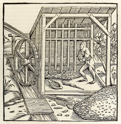 セバスチャン・ミュンスターによる1550年版「コスモグラフィア」より、水車を使った採掘（木版画 作： Sebastian Munster