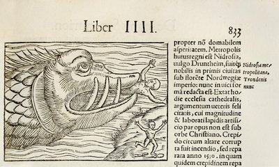 怪物のようなクジラが人間を食べている様子（1550年版「Cosmographia by Sebastian Munster」より）（木版画 作： Sebastian Munster